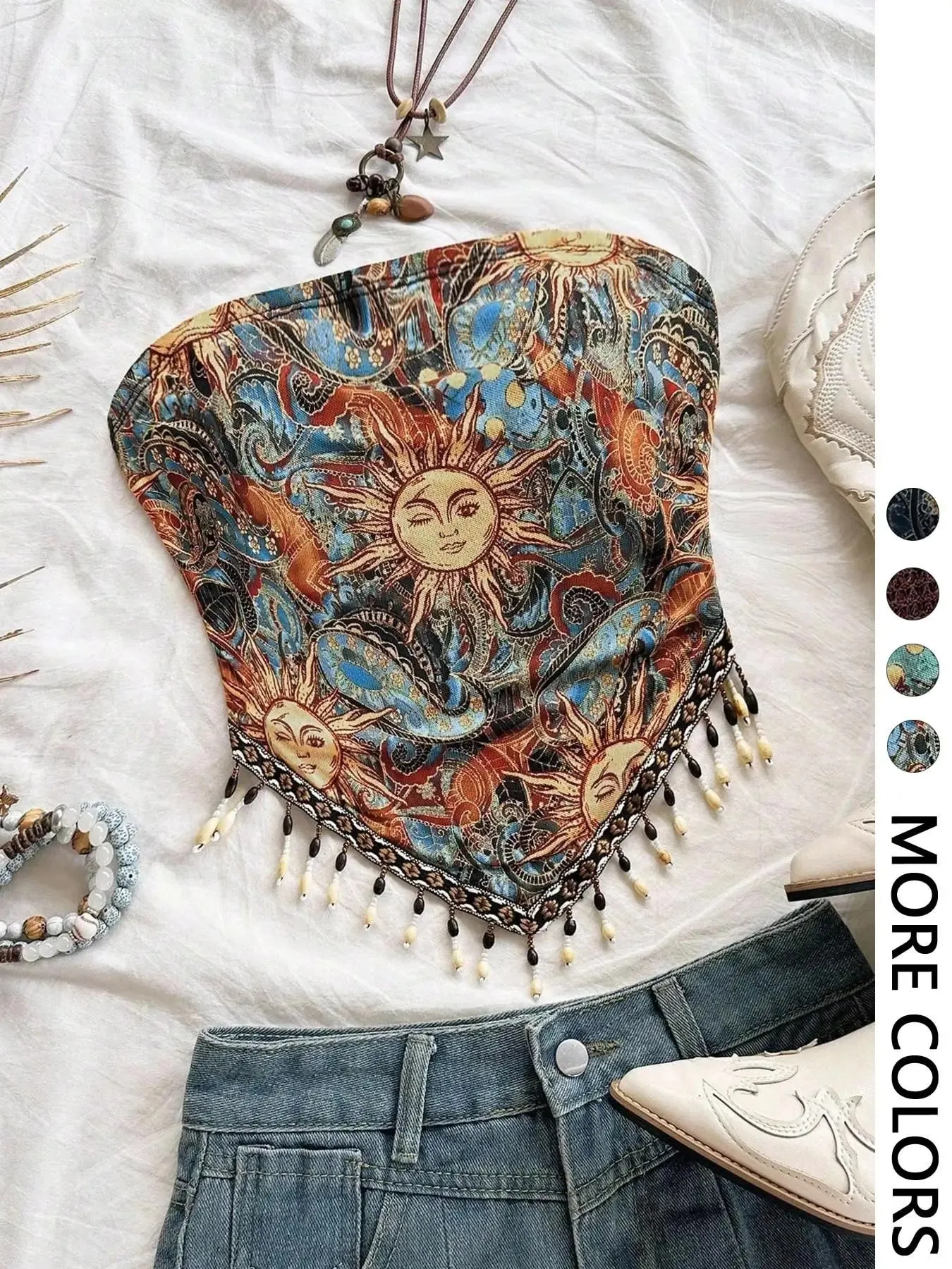 Ladies' 1pc Printed Mesh Knitted Tube Top with Triangular Hem And Beaded Fringe Trimmings — image 5