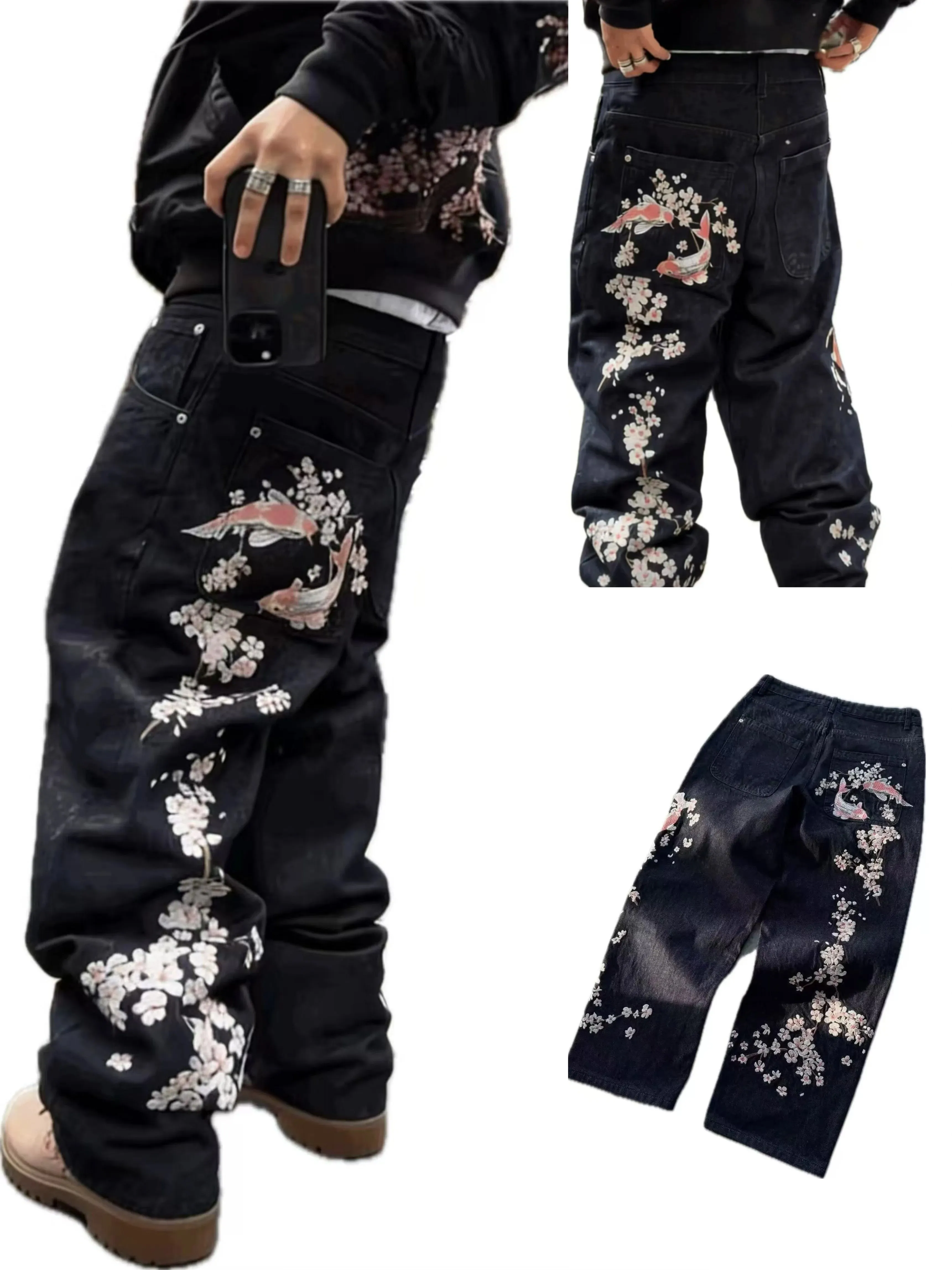 New Sakura Carp Embroidered Jeans Y2k Harajuku Retro Men and Women Loose Street Style Trousers Gothic Punk Casual Straight Jeans — image 2