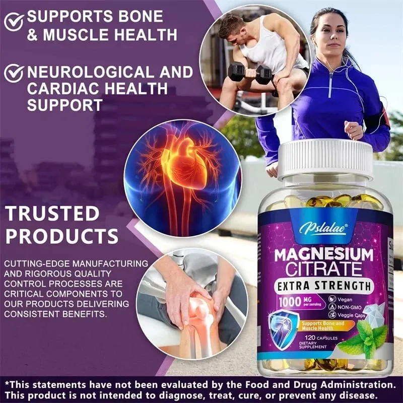 Magnesium Citrate Capsules - High Absorption Magnesium Citrate for Leg Spasms Muscle Bone and Heart Health — image 3