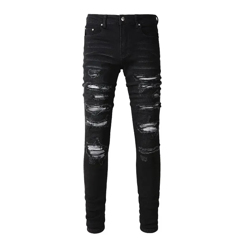 Homens plissados remendo motociclista jeans streetwear magro cônico estiramento denim calças rasgadas retalhos preto