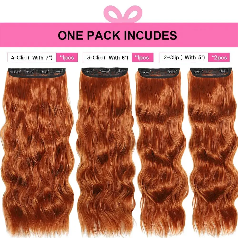 Copper Red Long Wavy Clip in Hair Extensions 20 Inch 4Pcs Double Weft Synthetic Hairpieces Full Head for Women Party Cosplay — image 3