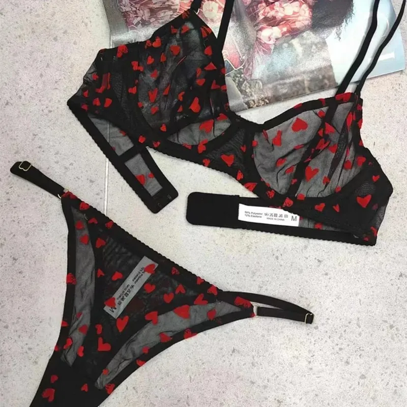 2 peças conjunto de lingerie sexy ultra fino respirável sutiã para mulher push up sutiã conjunto verão malha romântico pêssego coração íntimos — image 11