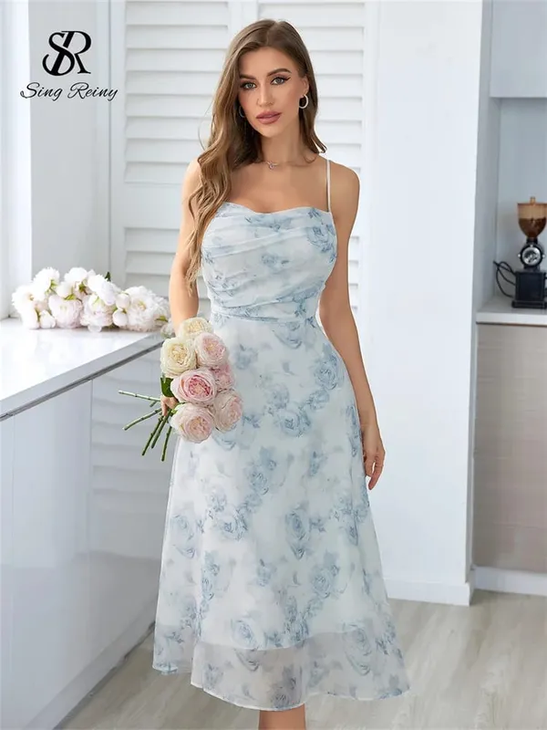 Feminino floral cinta de espaguete vestido elástico ruched sexy oco sem costas vestido de festa verão boho férias praia vestido de verão — image 5