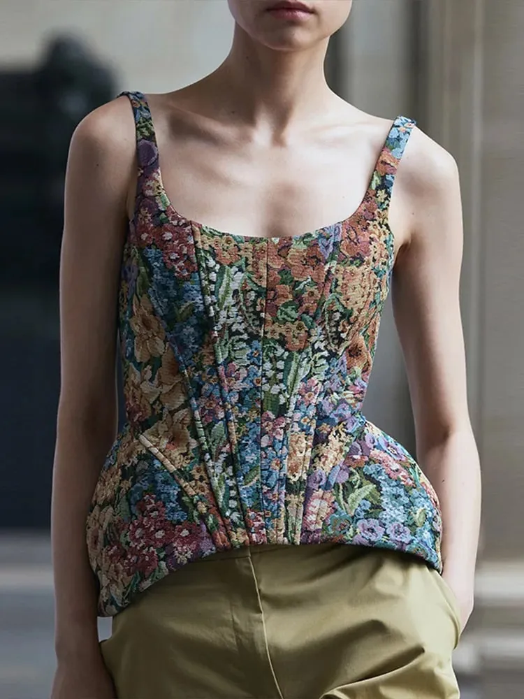 Vintage Floral U Neck Spaghetti Strap Corset Cami Top Curved Hem Fitted 2026 Summer Women Slim Tank Causla Versatlie Lady Top — image 6