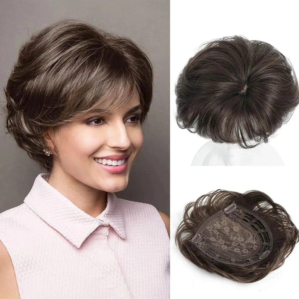 Synthetic 6inch Short Straight Topper Hairpiece Clip in Hair Extensions Natural Fluffy Head Top Hair Piece Replacement Cover — image 2