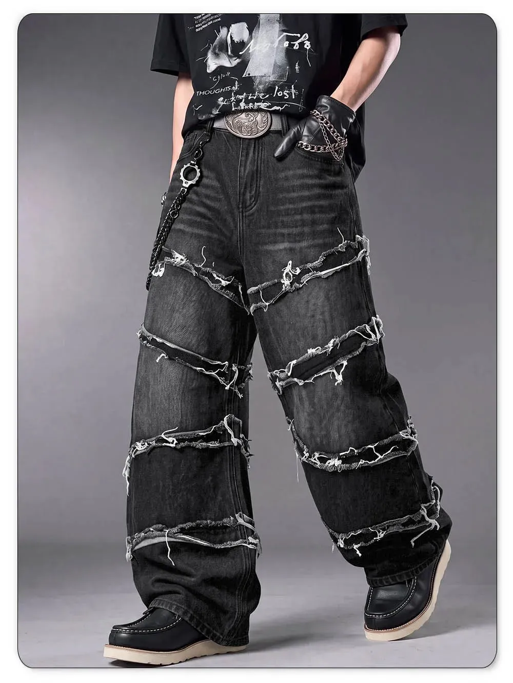 Men's Gothic Baggy Jeans Raw Frayed Edge Deconstructed Patchwork Wide Leg Denim Pants Y2K Punk Streetwear Trousers — image 5