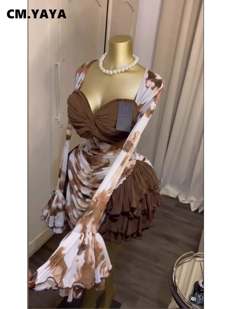 CM.YAYA Kvinnor Tie Dye Print Cascading Volanger Bell Långärmad Bodycon Ruched Draperad V-ringad Klänning Semester Strand Semesterklänningar — image 6