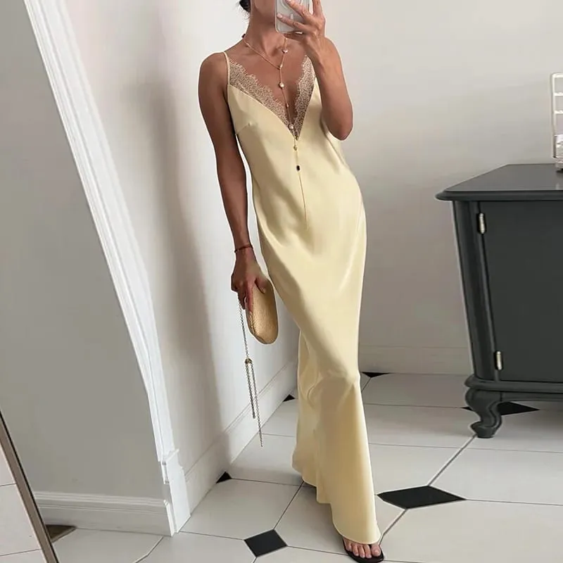 Elegante laço de cetim verão vestido feminino amarelo v pescoço sem mangas cintura cinching cinta vestidos casuais nova festa noite robe 2026