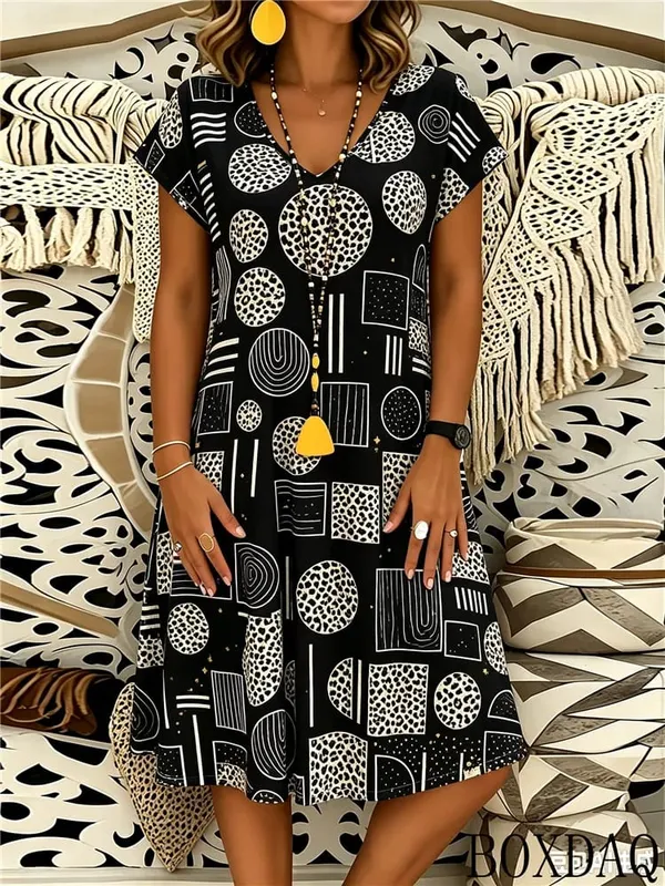 2026 Summer Fashion Geometric Pattern Printed Women's Dress Short Sleeve V-neck Casual Dresses — image 4