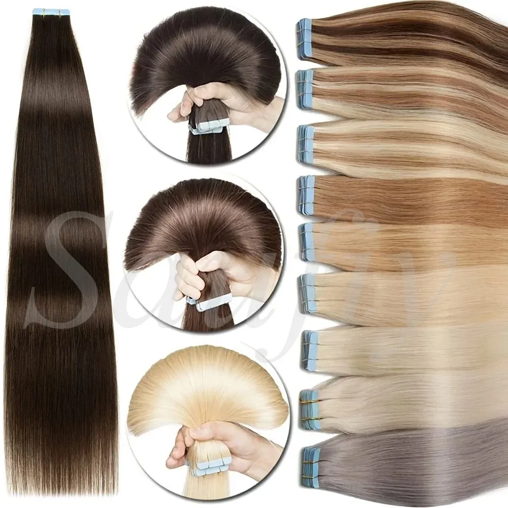Fita reta loira em extensões de cabelo humano 20 unidades / pacote em linha reta natural preto loiro marrom fita ins extensões de cabelo 12-20 polegadas fita de trama de pele dupla face sem costura em extensões de cabelo para mulheres — image 2