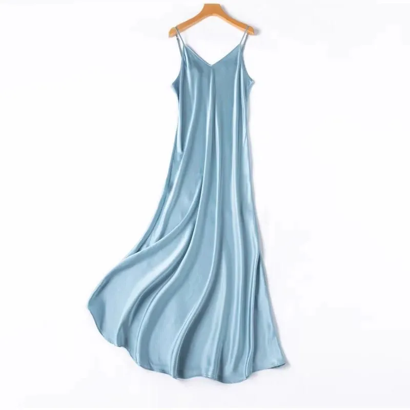 2026 Pambabaeng Fashion Bagong 21MM 100% Natural Mulberry Silk Plain Satin Extended French Sexy Adjustable Shoulder Strap Solid Dress — image 13