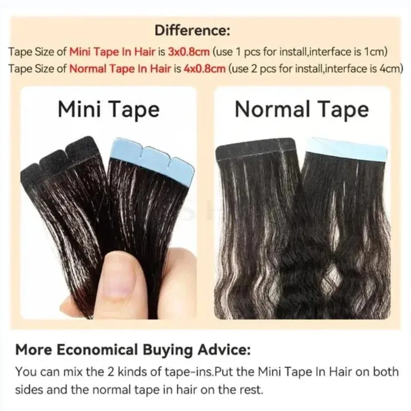 Mini Tape in Hair Extensions Human Hair Natural Tape in Extentions 3x0.8cm Invisible Tape 10pcs/pack For Side Hair