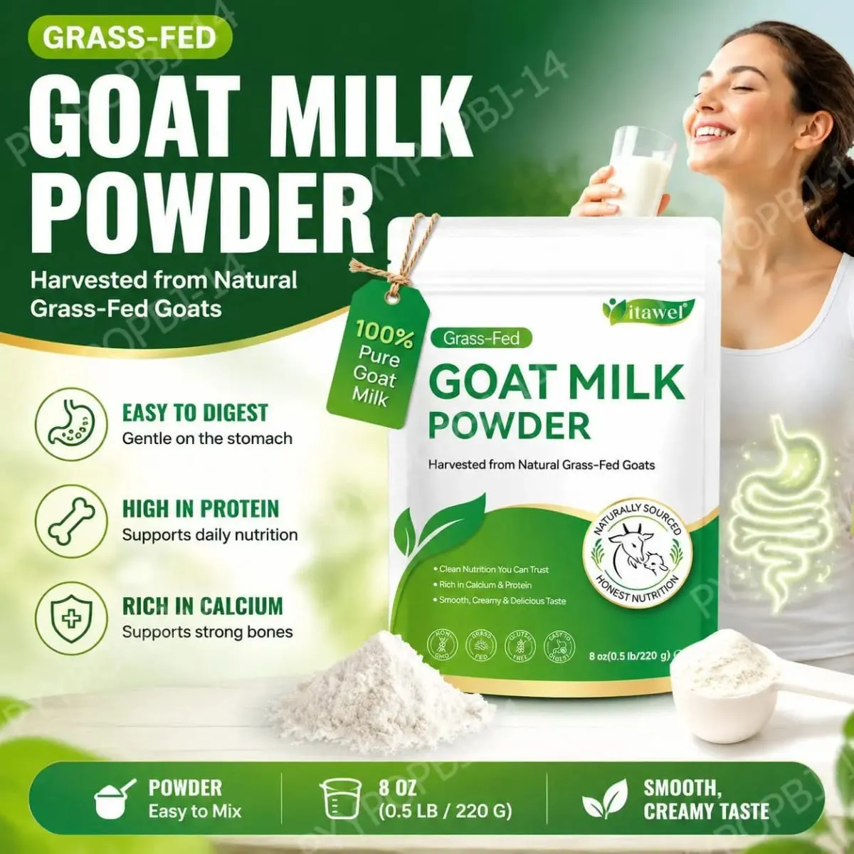 Itawel Goat Milk Nutrition Powder Supplement Grass-Fed Calcium & Protein Support Gluten-Free Easy to Mix 220g 32 Servings — image 2