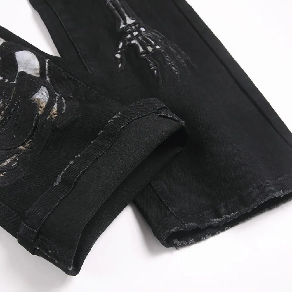 Men Skull Stretch Denim Jeans Punk Black Slim Boot Cut Pants Streetwear Devil Embroidery Patch Flared Trousers — image 5