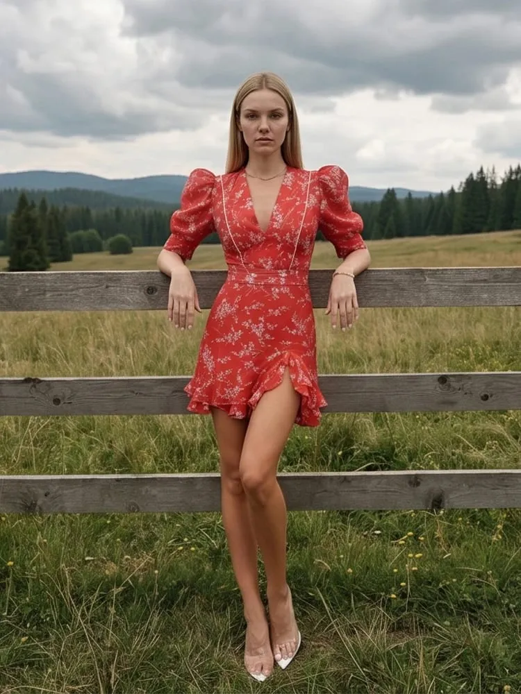 Women Red Floral Printed V-neck Short Sleeved Dress Puff Sleeve Waist Trim Ruffle Slit Hem Mini Dresses 2026 Summer Party Gowns — image 7