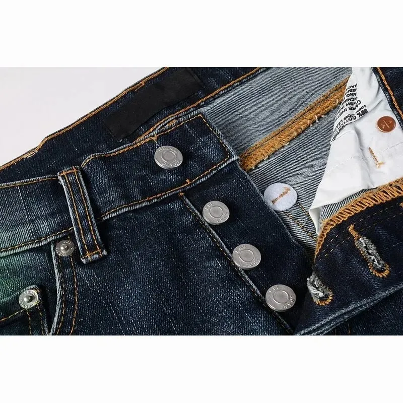 Men's Slim Taper Vintage Distressed Ripped Jeans Blue Gradient Green Red Paint Splatter Button Fly High Street Fashion Denim Pan — image 3
