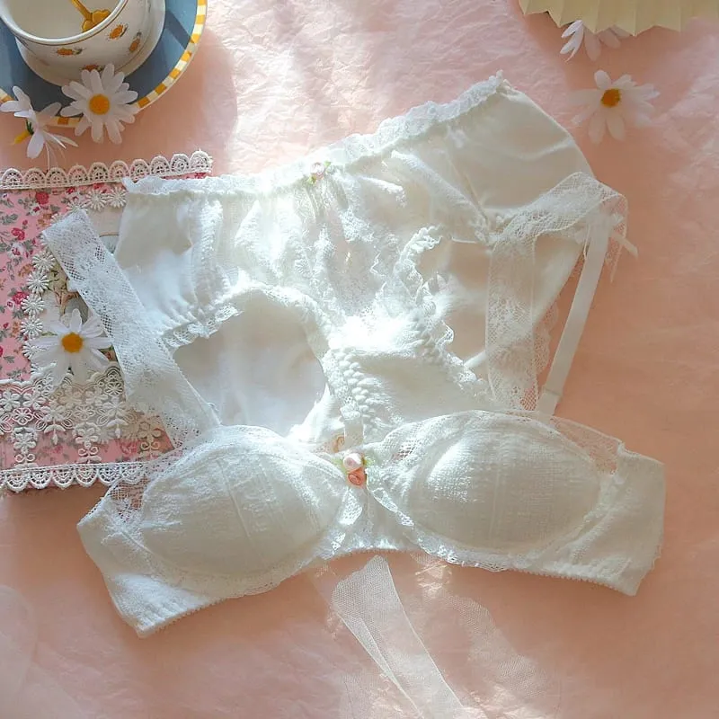 Roupa interior vintage princesa renda branca lingerie algodão underwired sutiã e calcinha conjunto japonês seios pequenos sexy e bonito bralette — image 2
