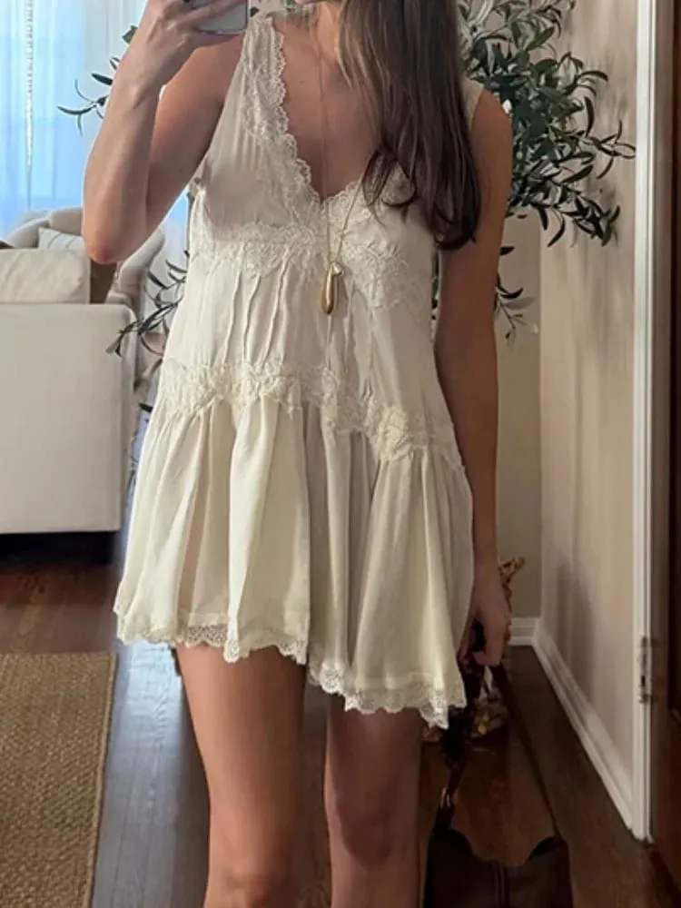 Pambabaeng A-Line na Dress V-Neck na walang manggas na Lace Trim Tiered Flared Casual Daily Wear Dress Naka-istilong Babaeng Frock — image 5