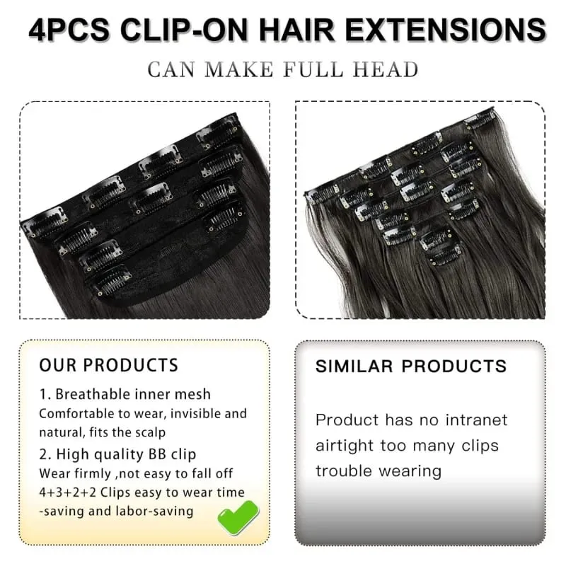 Synthetic 20 Inch Straight Clip In Hair Extensions 4Pcs Soft Thick Black Hair Pieces Available In 3 Colors For Women Daily Use