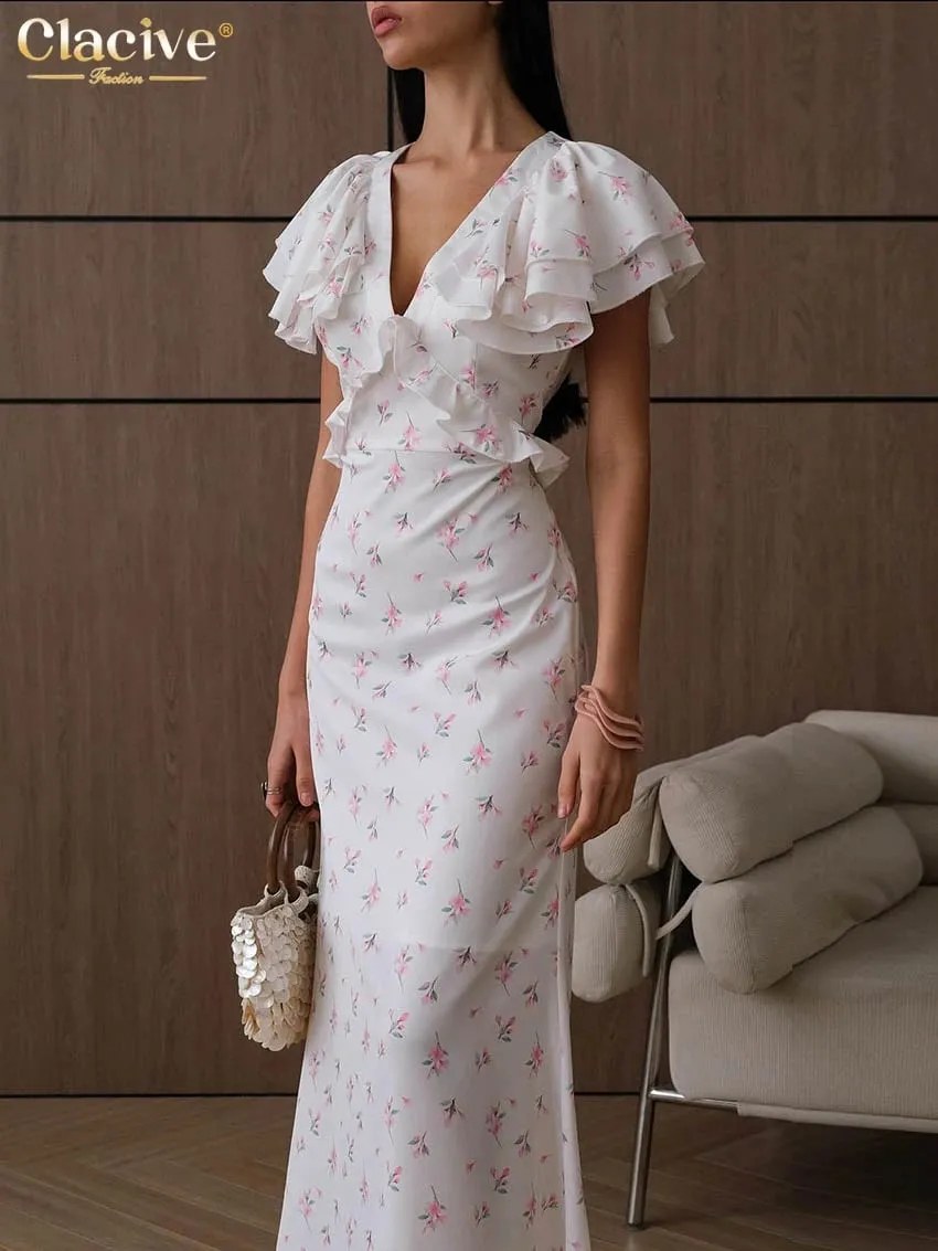 Clacive Sexy Loose Print Pambabaeng Dress 2026 Summer V-Neck Maikling Manggas Haba ng Bukong-bukong Dresses Elegant Classic Ruffles Pambabaeng Dress — image 6