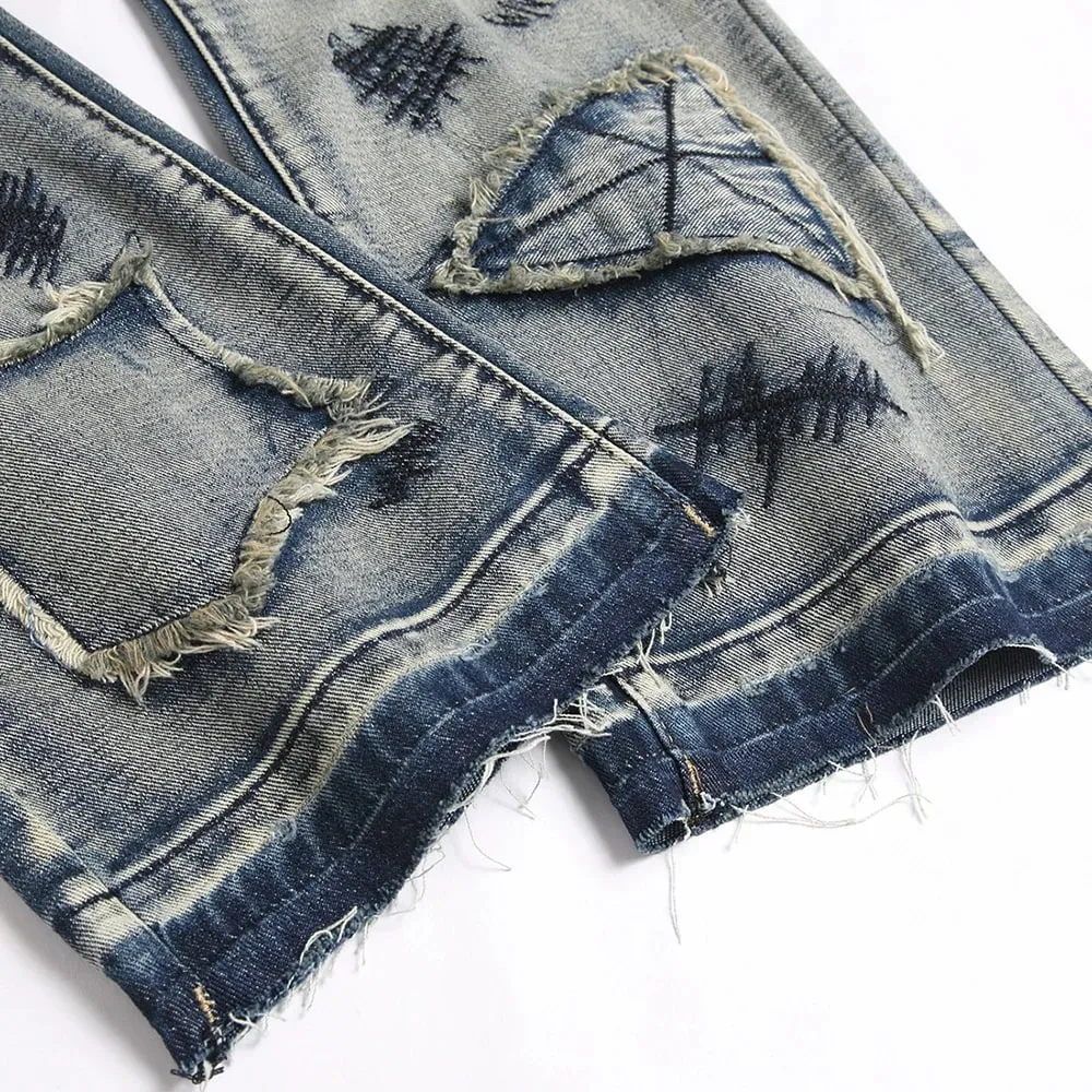 Jeans Boot Cut Pria Celana Hem Dirilis Tambalan Jalanan Celana Panjang Berkobar Bordir Biru Antik