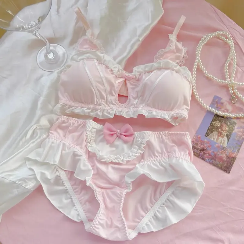 かわいい日本のウサギの耳ブラジャーパンティーセットワイヤレス薄型三角形ブラジャー小さなフラット胸通気性毎日の下着 S-XL — image 11
