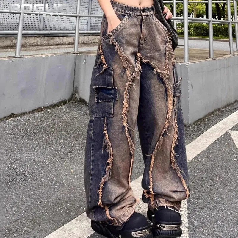 Y2K Grunge Deconstructed Distressed Jeans Unisex Patchwork Washed Wide Leg Denim Pants Hip Hop Streetwear Harajuku Punk Trousers — image 3