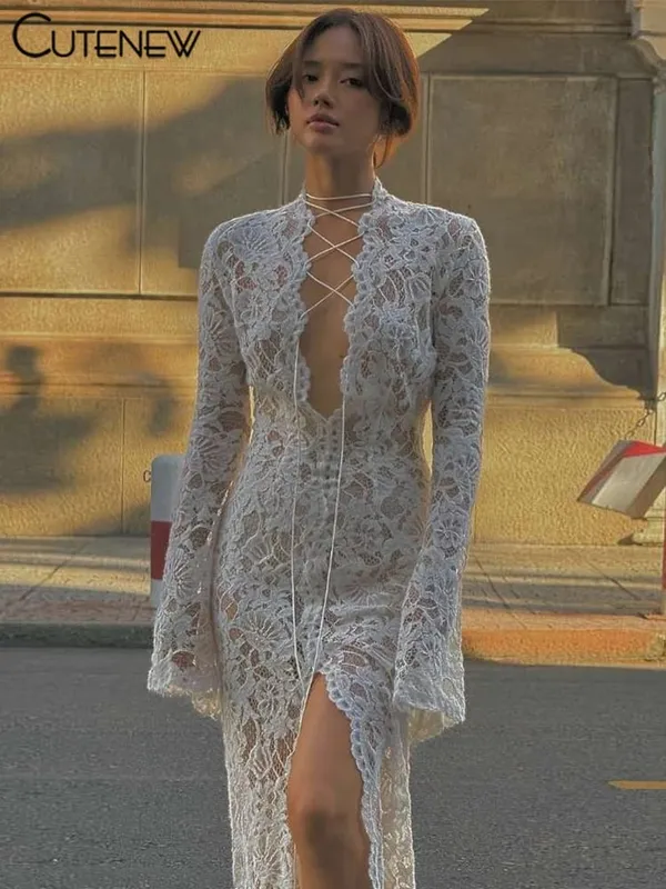 Cutenew Kant Sheer Vrouwen Maxi Jurk Sexy Solid Fashion Lange Mouw O-hals Bandage Schede Vestidos Vrouwelijke Prachtige Nightout Gewaad