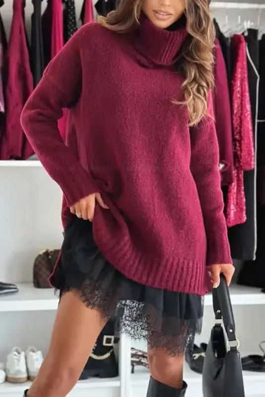 Novo vestido feminino 2 peças camisola de malha gola alta renda solta moda ombro gota manga longa mini saia feminina — image 9