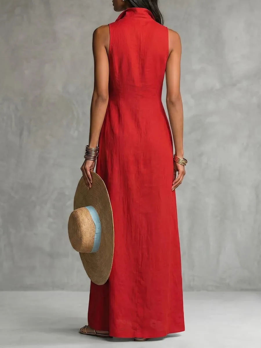Freeacy Women Sleeveless Shirt Collar Maxi Dress 2026 Summer Solid Red Button Front Slim Fit Cotton Blended Vacation Dresses — image 3