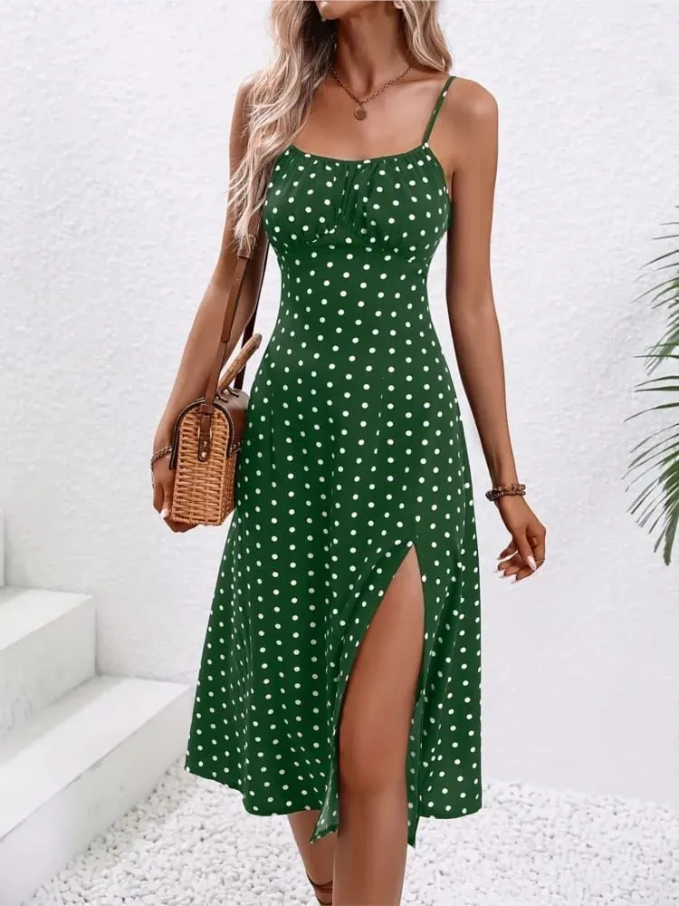 Ny sommar Sexig Spaghetti Straps Klänning Dammode Polka Dot Print Ärmlös slitsklänning Boho Casual Beach Midiklänningar — image 6