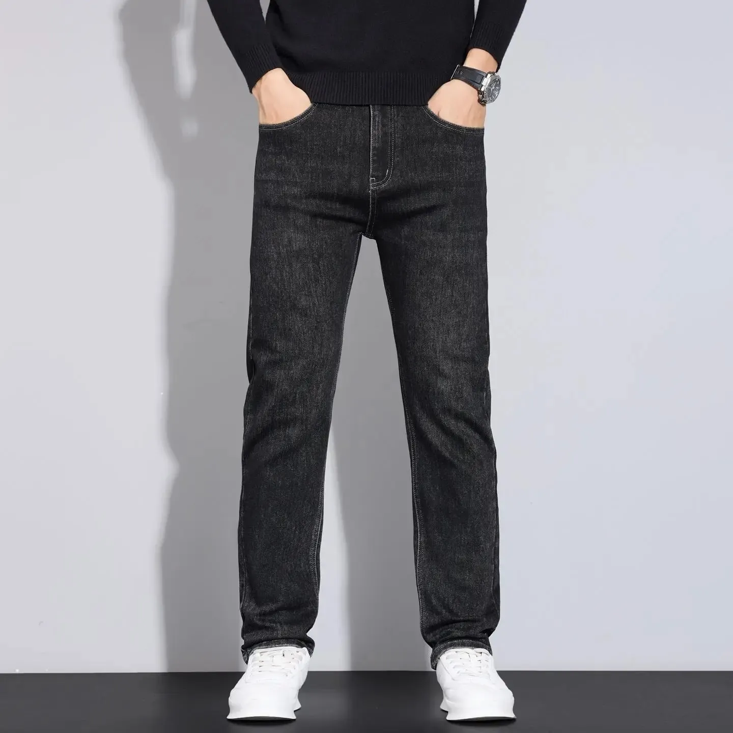 2026 New Business Men's Jeans Casual Straight Stretch Fashion Classic Blue Black Work Denim Pant Trousers Male Clothing — image 4
