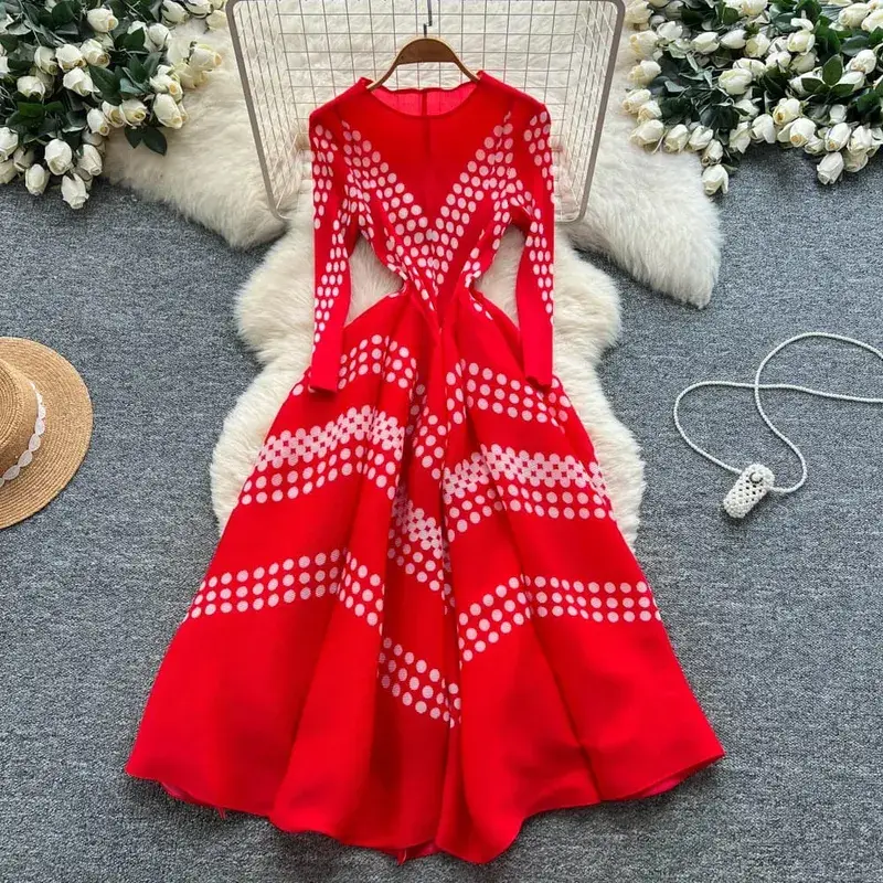 Miyake Pleated Dresses Europe New Simple Fashion Printed Elegant Large Hem Women's Lightweight Stretchy Bounce Flower Bud Dress