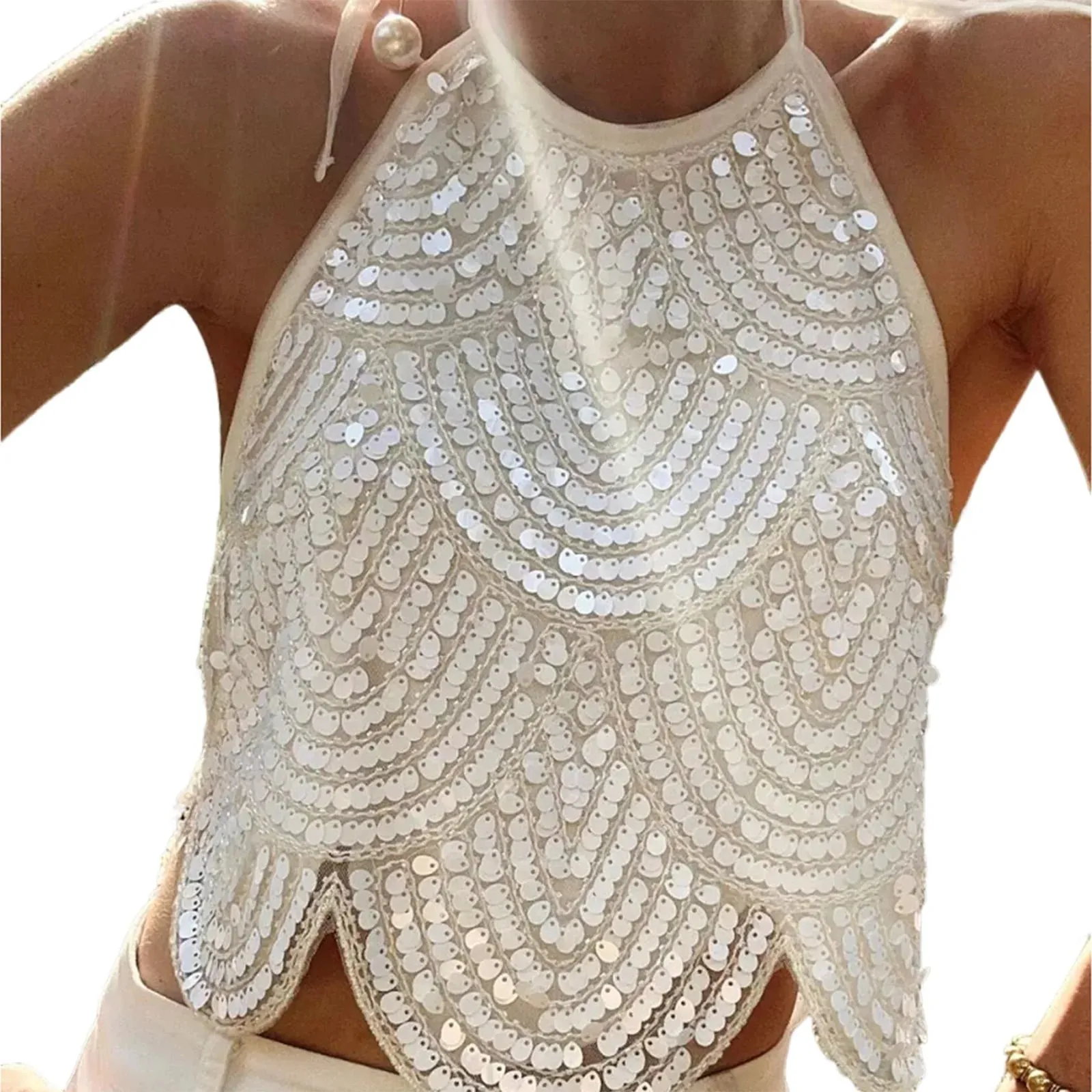 Sexy Womens Halter Sequin Tank Top Backless Tie Up Sexy Sparkly Crop Top Sleeveless Glitter Party Tops Clubwear — image 11