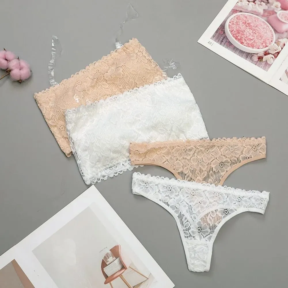 Lace Sheer Flower Thong Bra Set Embroidery Invisible Straps Floral Panties Bra Kit Lingerie Transparent Underwear for Women — image 4