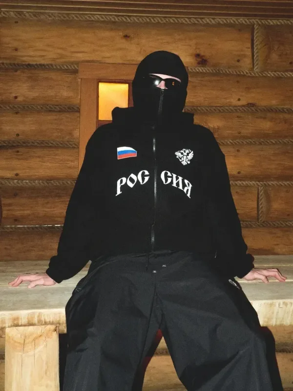 Hip Hop Ansiktsskydd Huvtröja Unisex Lös Svart Zip Up Sweatshirt Örn Flagga Tryckt Design — image 3