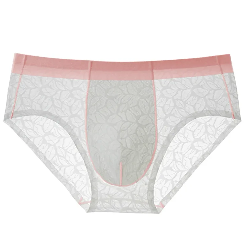 Homens de seda gelo ultra-fino breve roupa interior sem costura renda jacquard respirável pantie 3d bulge bolsa lingerie de malha transparente — image 1