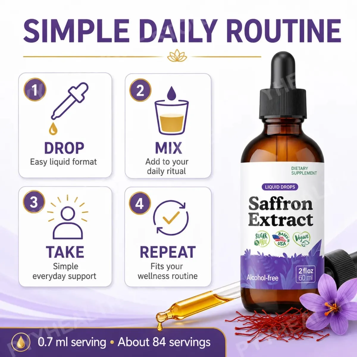 Saffron Supplements 88.5mg - Mood Focus & Eye Support Saffron Extract Liquid Drops Mix with Tea Vegan Alcohol-Free 2 Oz — image 5