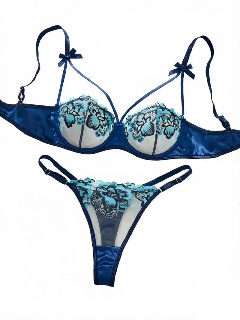 Vintage Blue Satin Lingerie Set Contrast Floral Embroidery Sheer Mesh Underwire Bra Adjustable Strap Thong Panties For Women — image 1