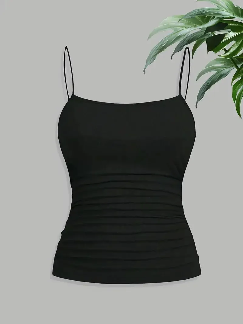 Women Elegant Thin Strap Ruched Cami Top Slim Fit Sleeveless Camisole Soft Stretch Basic Tank Vest Summer Fashion Underwear Blac — image 3