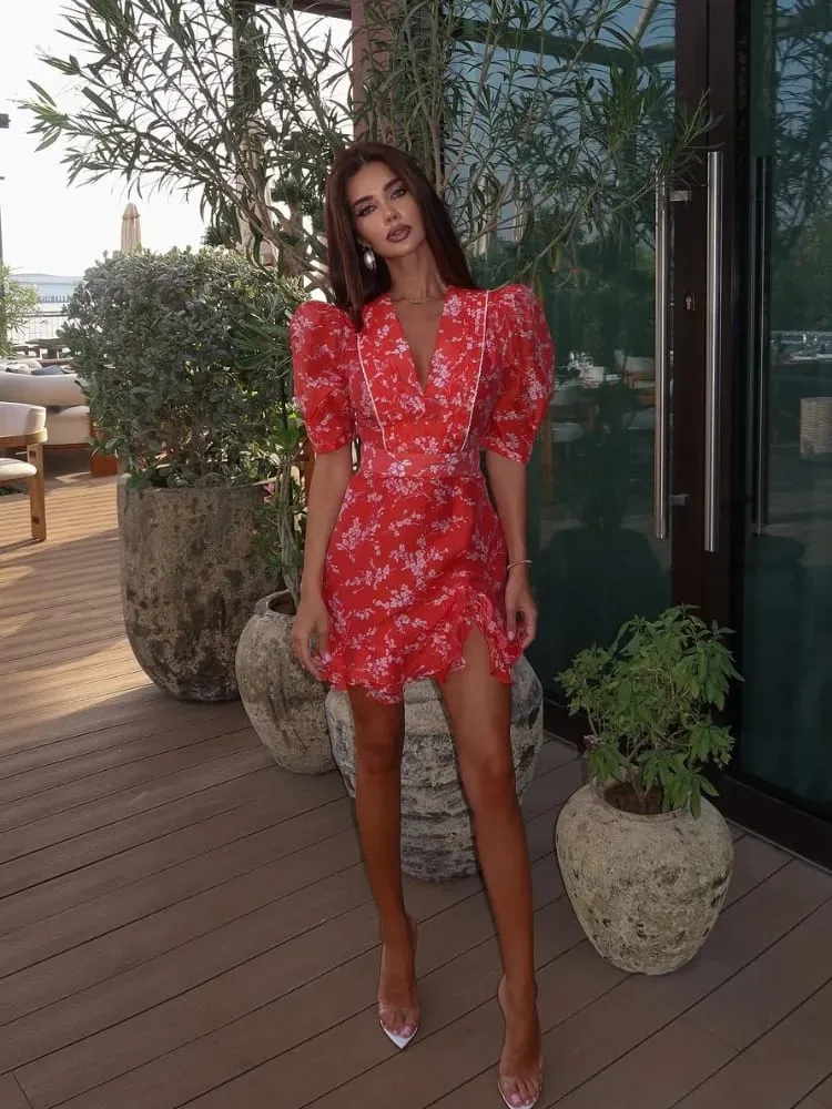 Women Red Floral Printed V-neck Short Sleeved Dress Puff Sleeve Waist Trim Ruffle Slit Hem Mini Dresses 2026 Summer Party Gowns — image 3