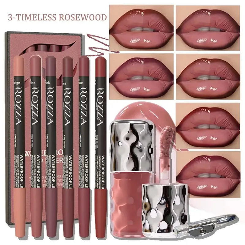 8db/szett Daily Lip Beauty Set – 6 keverhető ajakkontúr, 1 hidratáló szájfény és 1 ceruzahegyező – puha, hosszan tartó ajakkészlet