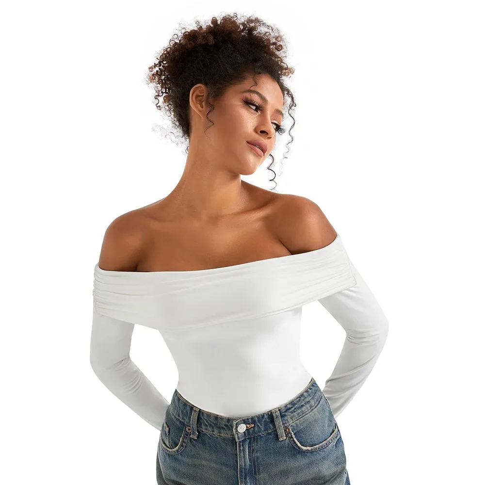 Basic Long Sleeve Bodysuit Blouse for Women Autumn Winter Slim Fit Off Shoulder Bodysuits Streetwear Y2K Bodycon Rompers Femme — image 8