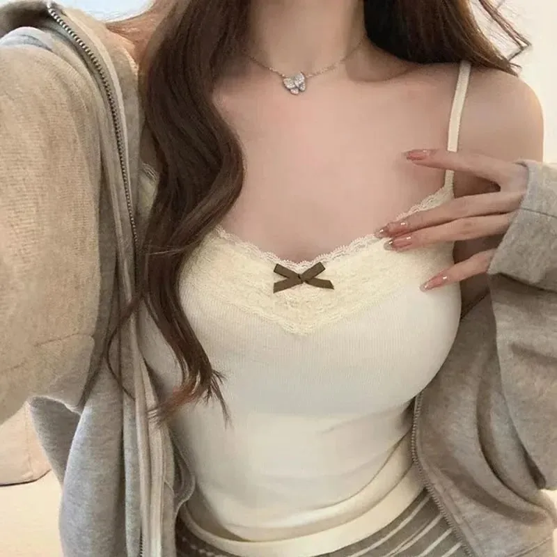 Sexy White Knit Camisole Lace Tank Top Cropped Vest Women's Sleeveless Crop Tops with Chest Pad Y2k Cute Summer Slim Undershirt — image 7