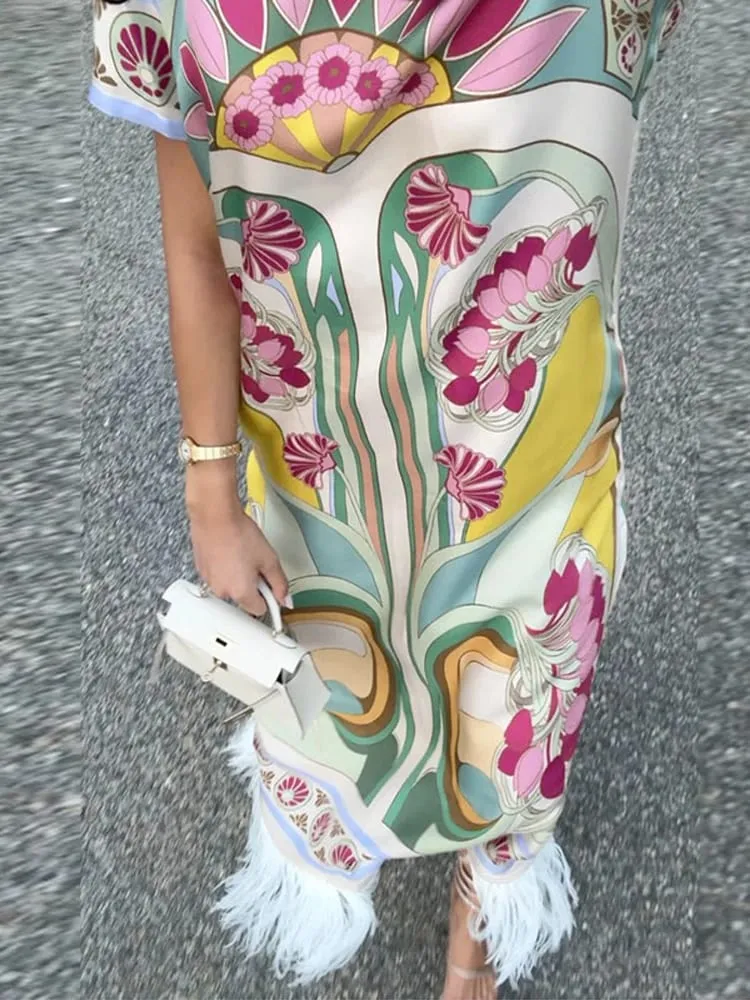 Women Art Floral Print Feather Hem Maxi Dress Short Sleeve Crew Neck Loose Fit Dresses 2026 Summer Fashion Elegant Lady Outwear — image 3