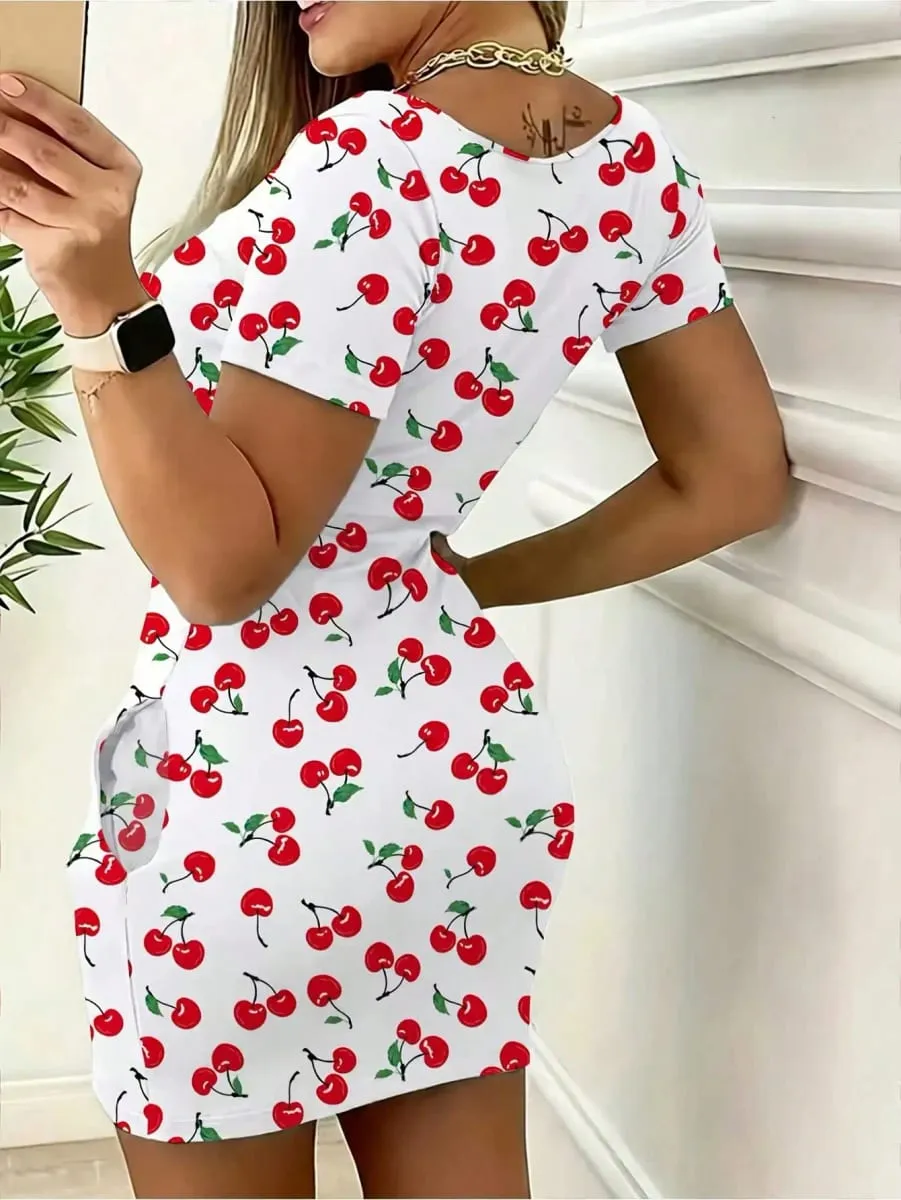 Elegant Casual round Neck Solid Color Cherry Print Pocket Short Sleeve Mini Skirt Long Dress Comfortable Fashionable Women's Dre — image 2