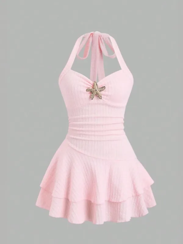White Halter Neck Mini Dress Women's Ruffled Starfish Embellished Summer Casual Evening Gown