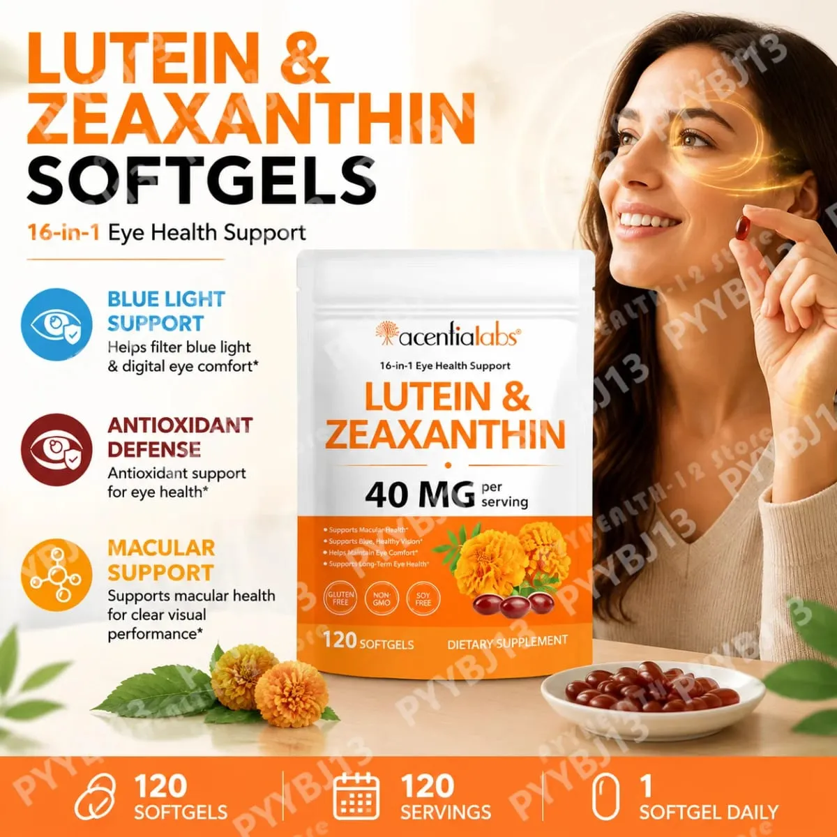 Acentiallabs Lutein Zeaxanthin Softgels 40mg Lutein & 8mg Zeaxanthin 120 Count Blue Light Filter Makulaskydd Ögonvård — image 1