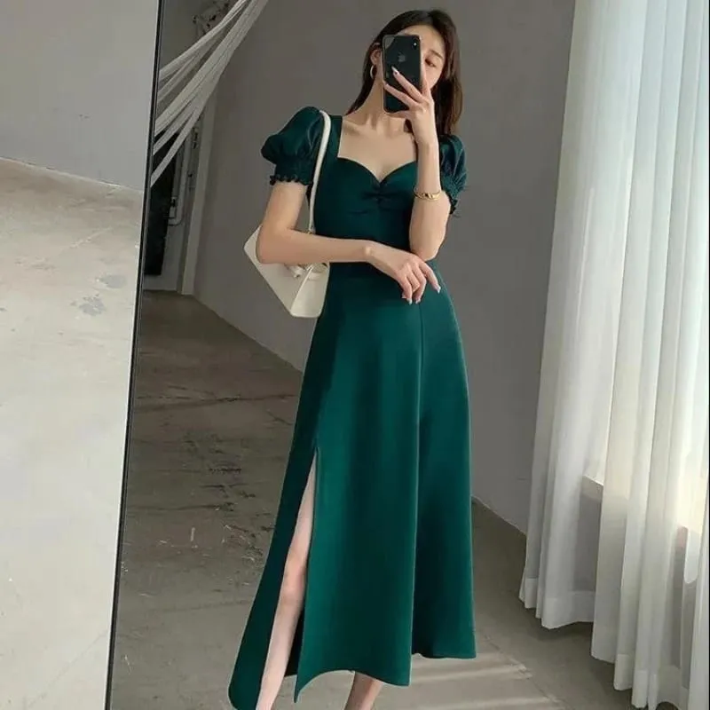 Sólido puff manga curta elegante vestido de fenda nova moda feminina com decote em v vestidos completos senhoras cintura alta magro vestidos de festa de noite