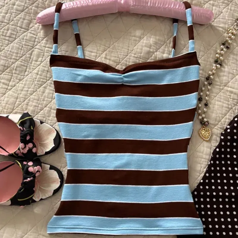 Color Block Stripe Twist Front Spaghetti Strap Cami Top Slim Fit Y2K Sweet Summer Sleeveless Tank Top — image 2